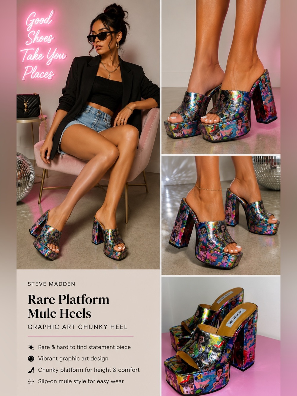 ✨ Steve Madden Trixie Multi Graphic Pop Art Platform Mules | Size 8 ✨